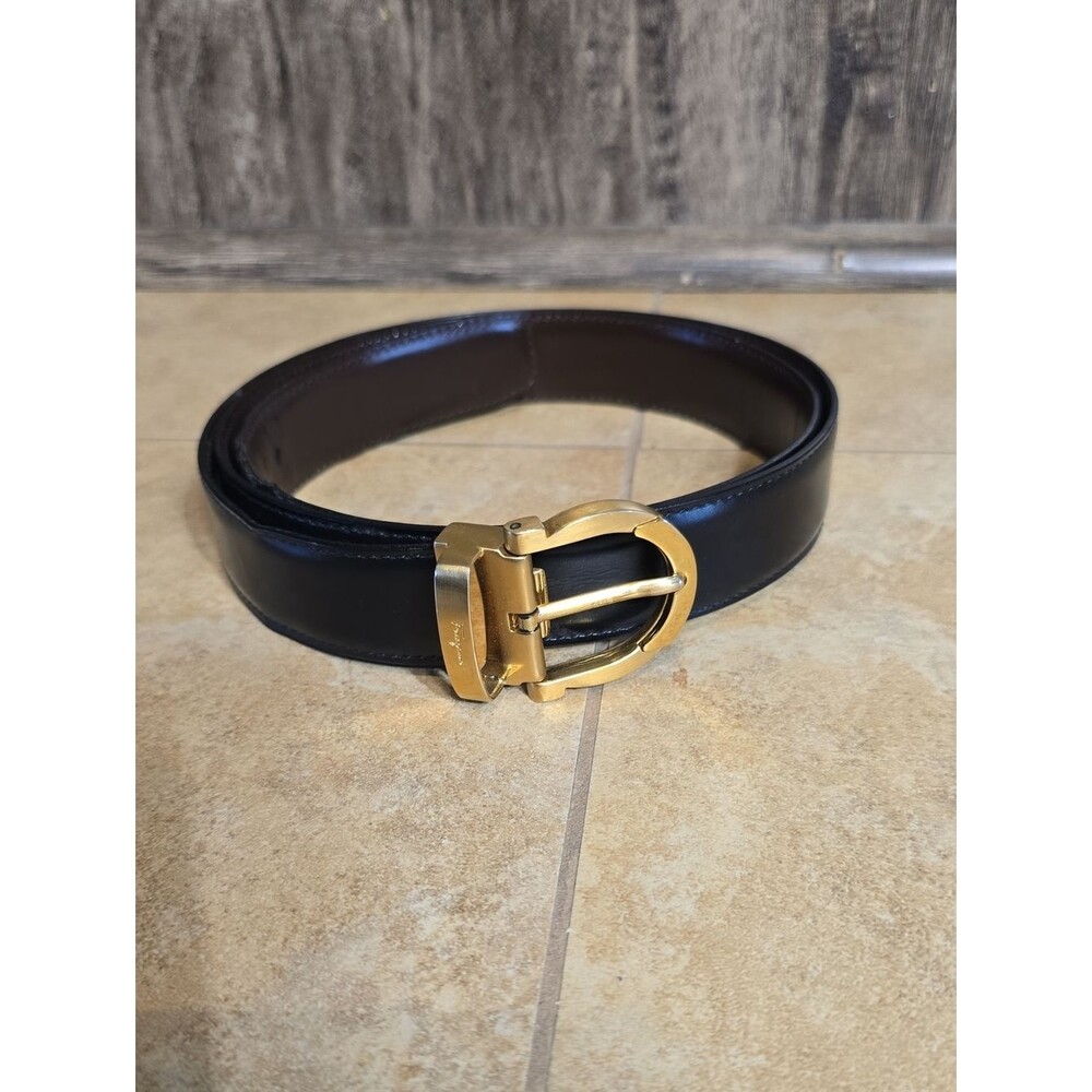 Salvatore Ferragamo Black And Brown Leather Belt with Gold Gancini Buckle